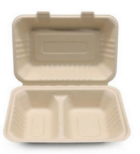 Rectangular sugarcane container with connected lid 1300ml - Double space ( 50 pcs )