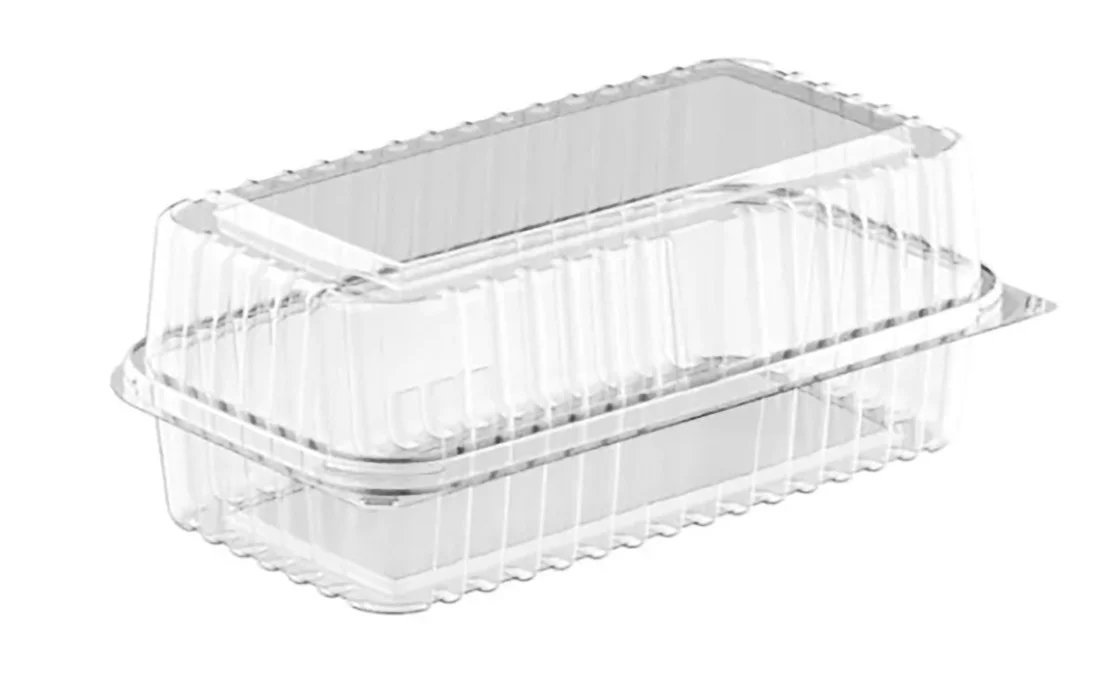 Rectangular plastic box for cakes and desserts with a connected lid, transparent color